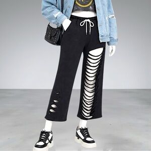 TOV Holy Los Angeles Black Distressed Cropped Sweatpants